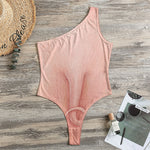 Pink Pig Tail Print One Shoulder Bodysuit