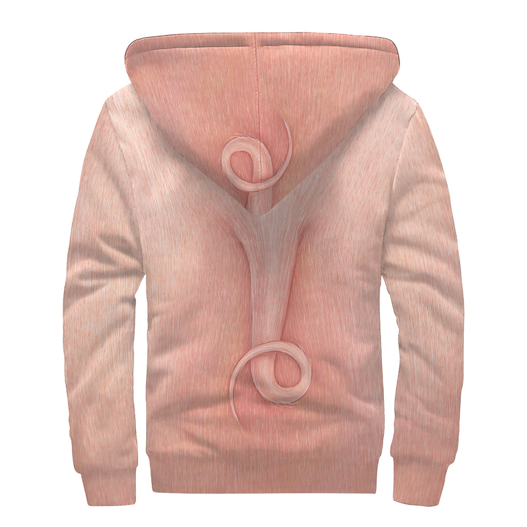 Pink Pig Tail Print Sherpa Lined Zip Up Hoodie