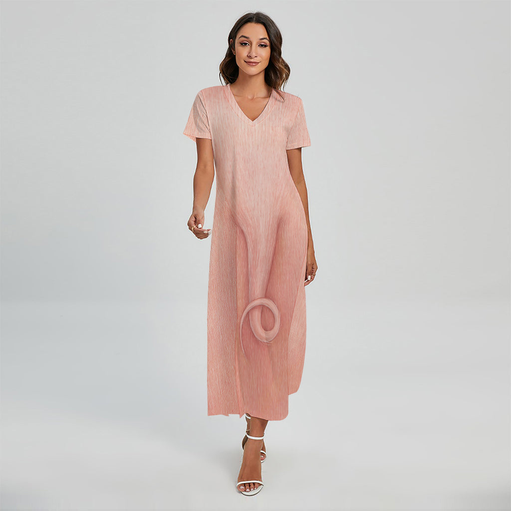 Pink Pig Tail Print Short Sleeve Maxi Dress