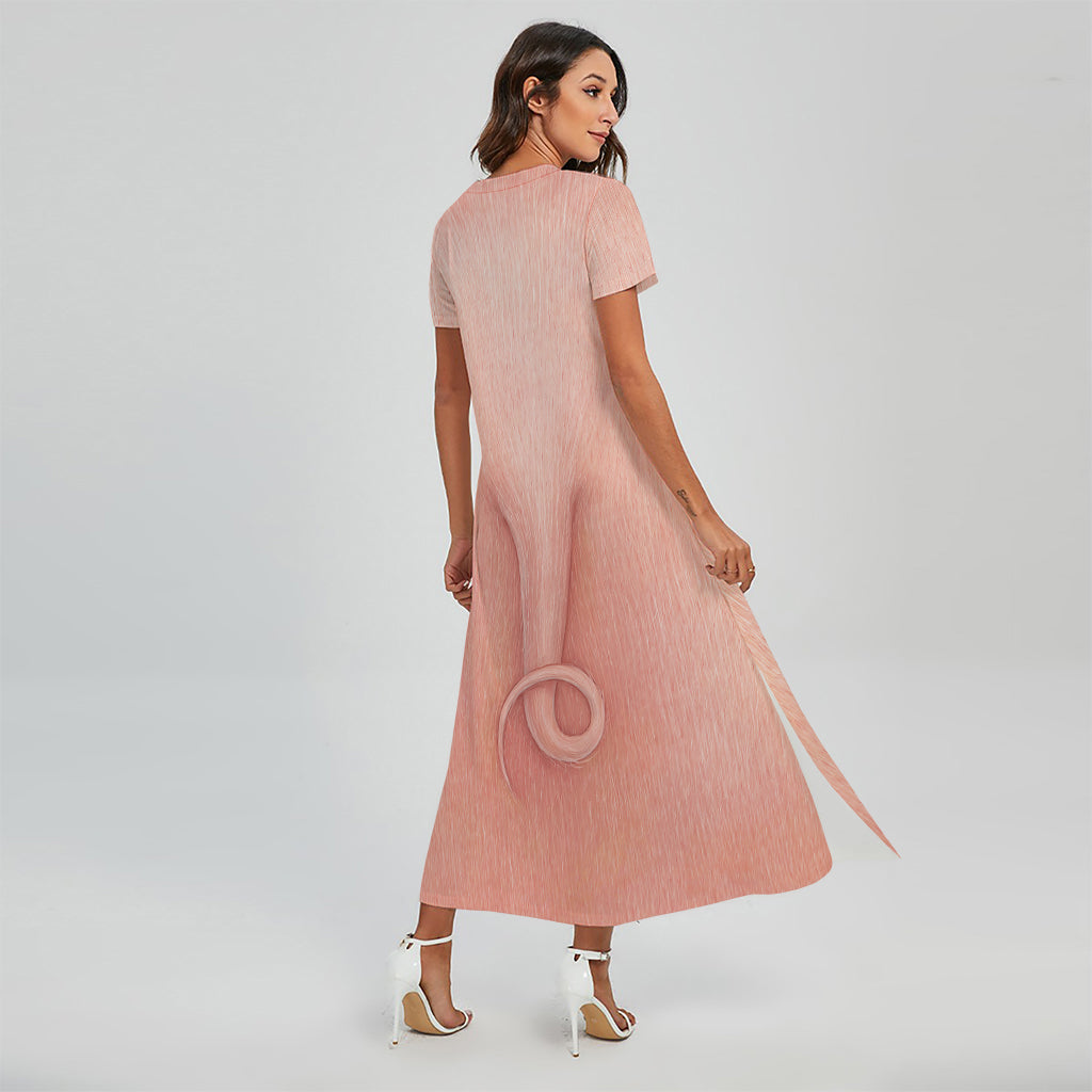 Pink Pig Tail Print Short Sleeve Maxi Dress