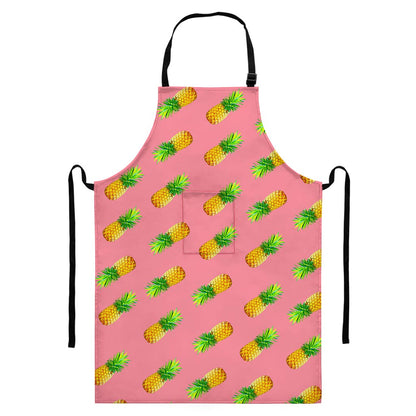 Pink Pineapple Pattern Print Bib Apron With Pocket