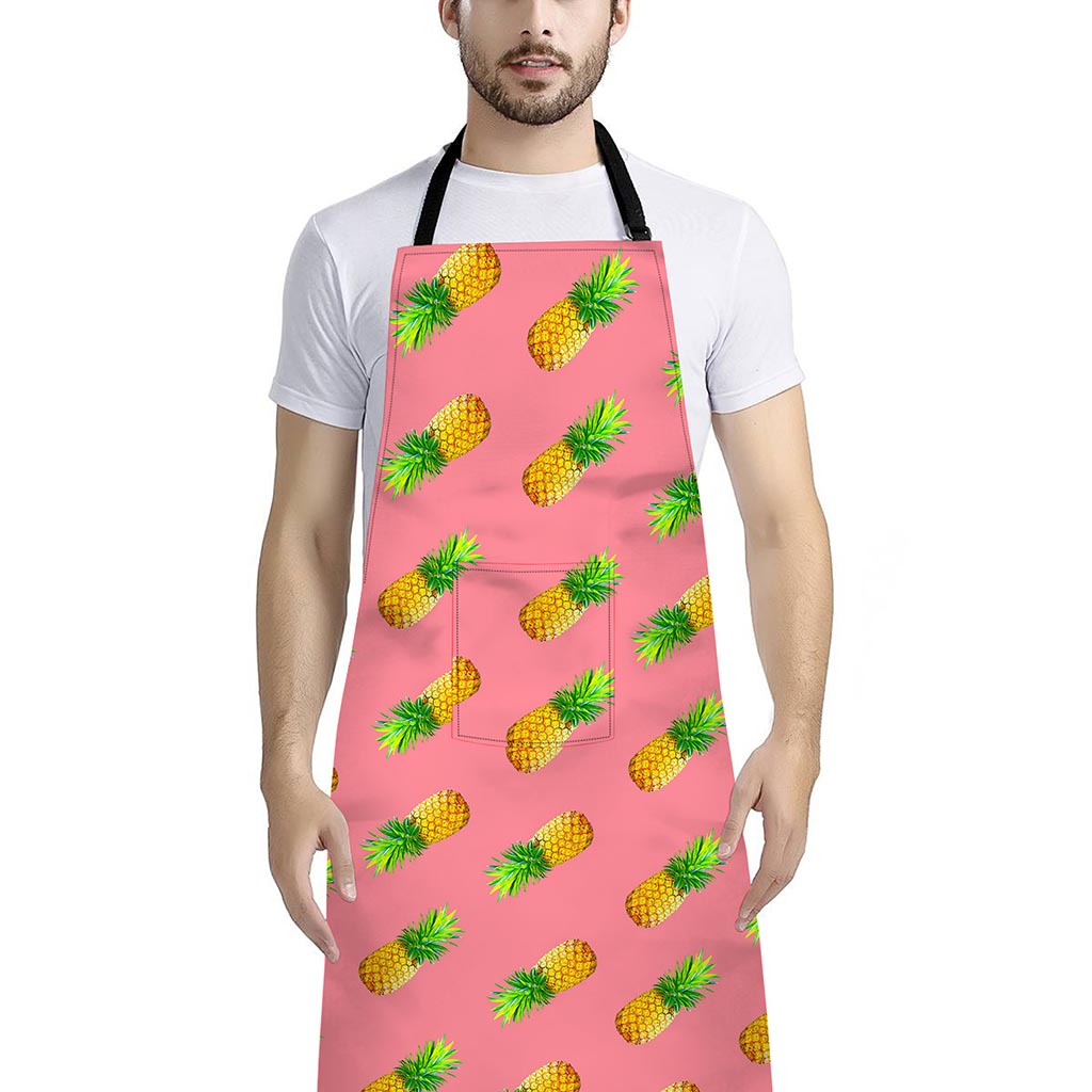 Pink Pineapple Pattern Print Bib Apron With Pocket