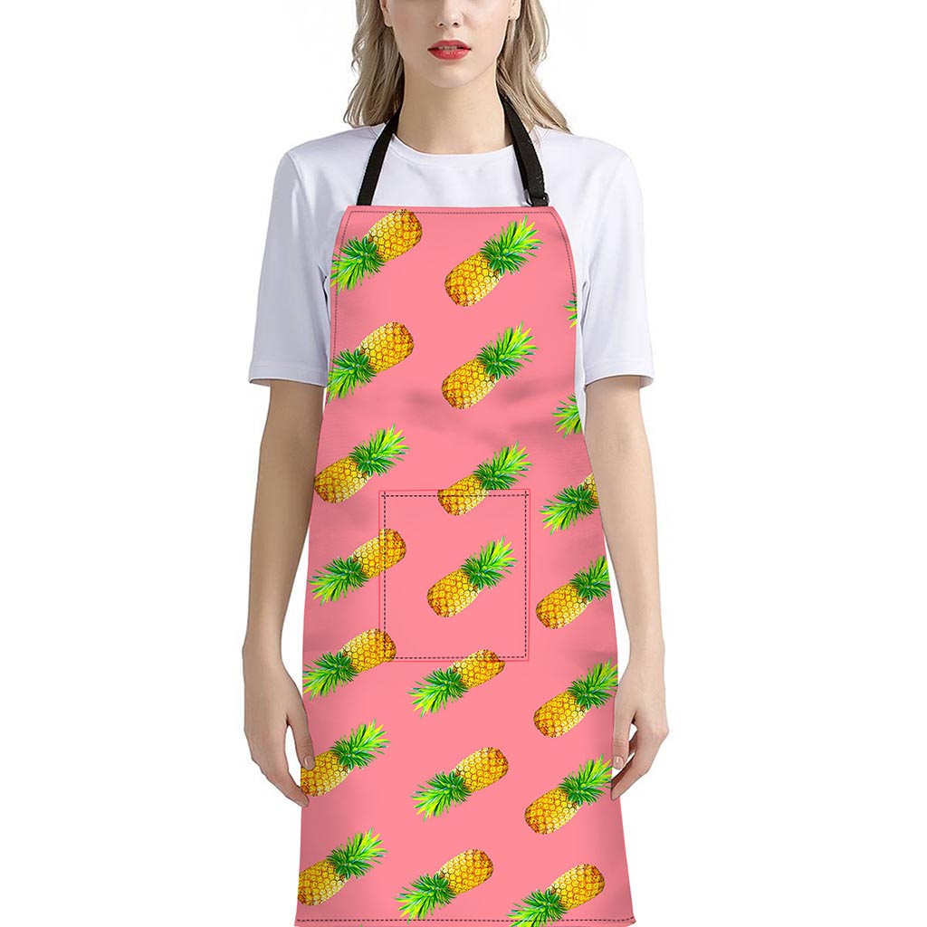 Pink Pineapple Pattern Print Bib Apron With Pocket
