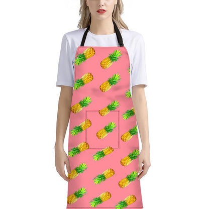 Pink Pineapple Pattern Print Bib Apron With Pocket