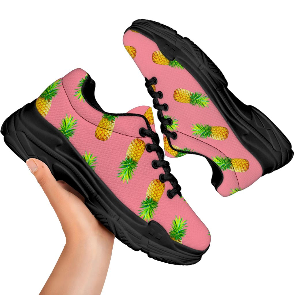 Pink Pineapple Pattern Print Black Chunky Shoes