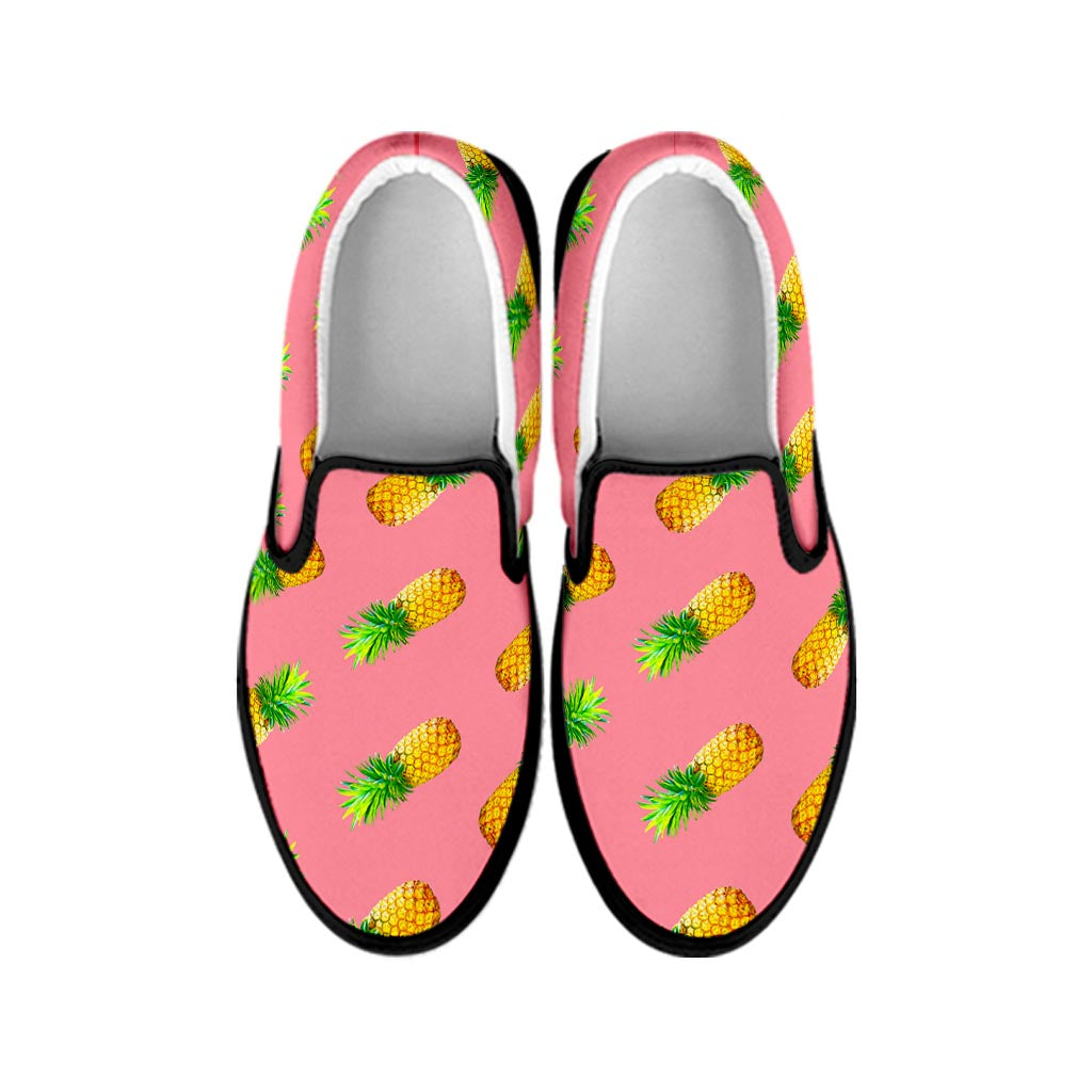 Pink Pineapple Pattern Print Black Slip On Sneakers