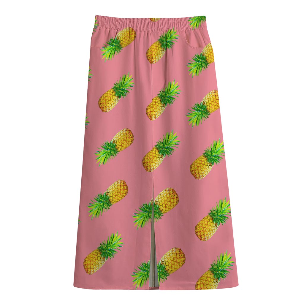 Pink Pineapple Pattern Print Cotton Front Slit Maxi Skirt
