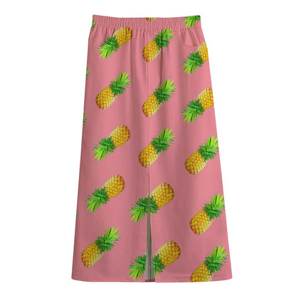 Pink Pineapple Pattern Print Cotton Front Slit Maxi Skirt