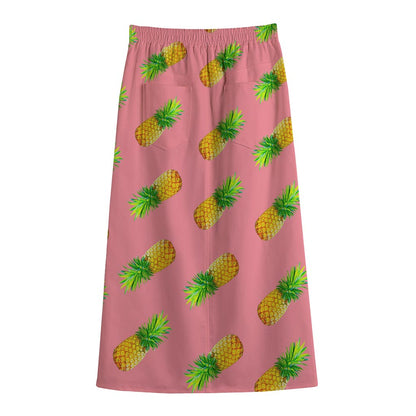 Pink Pineapple Pattern Print Cotton Front Slit Maxi Skirt