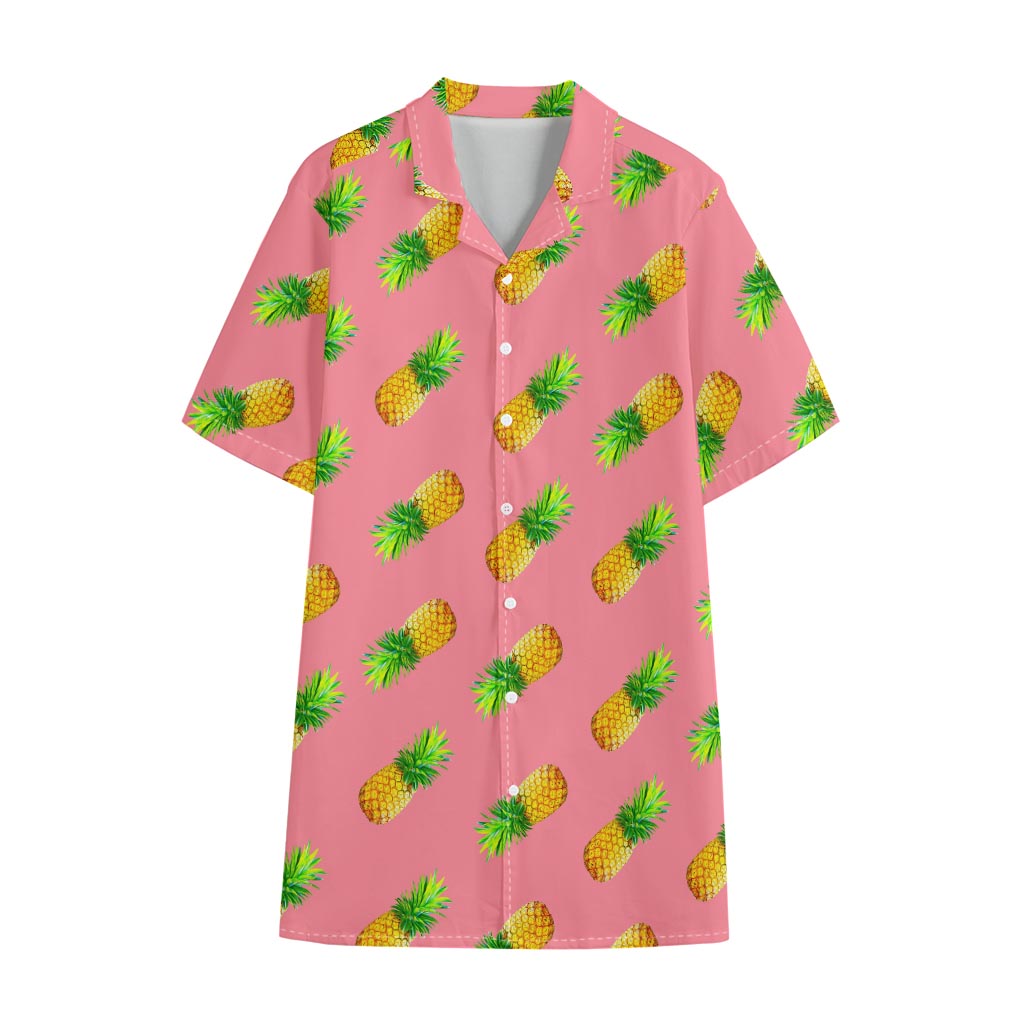 Pink Pineapple Pattern Print Cotton Hawaiian Shirt