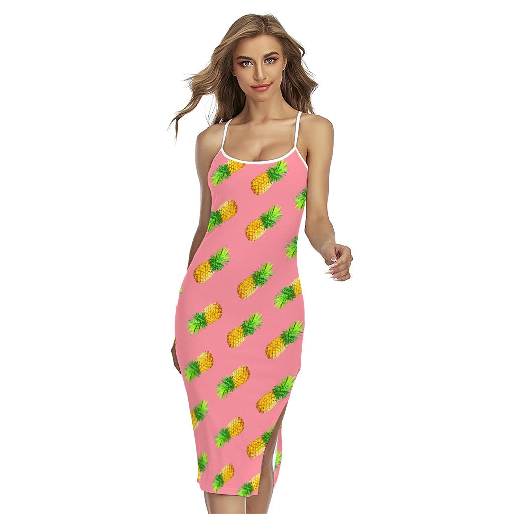 Pink Pineapple Pattern Print Cross Back Cami Dress
