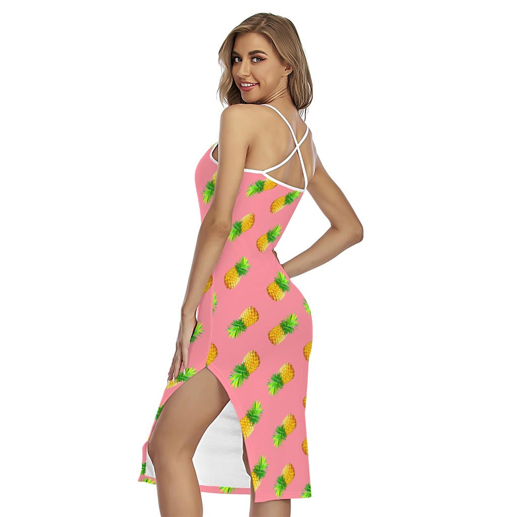 Pink Pineapple Pattern Print Cross Back Cami Dress