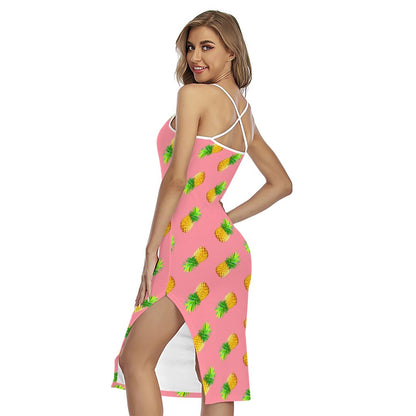 Pink Pineapple Pattern Print Cross Back Cami Dress