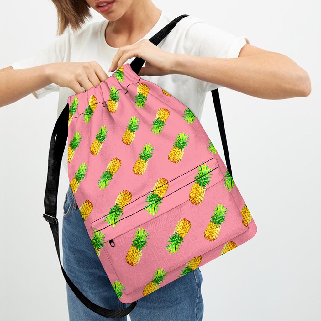 Pink Pineapple Pattern Print Drawstring Backpack