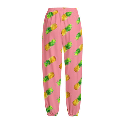 Pink Pineapple Pattern Print Fleece Lined Knit Pants