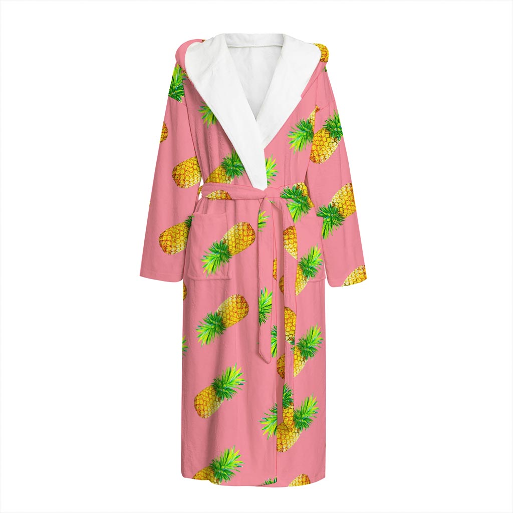 Pink Pineapple Pattern Print Hooded Bathrobe