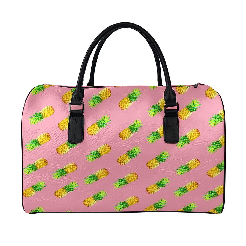 Pink Pineapple Pattern Print Leather Duffle Bag