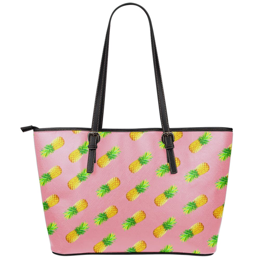 Pink Pineapple Pattern Print Leather Tote Bag