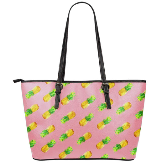 Pink Pineapple Pattern Print Leather Tote Bag