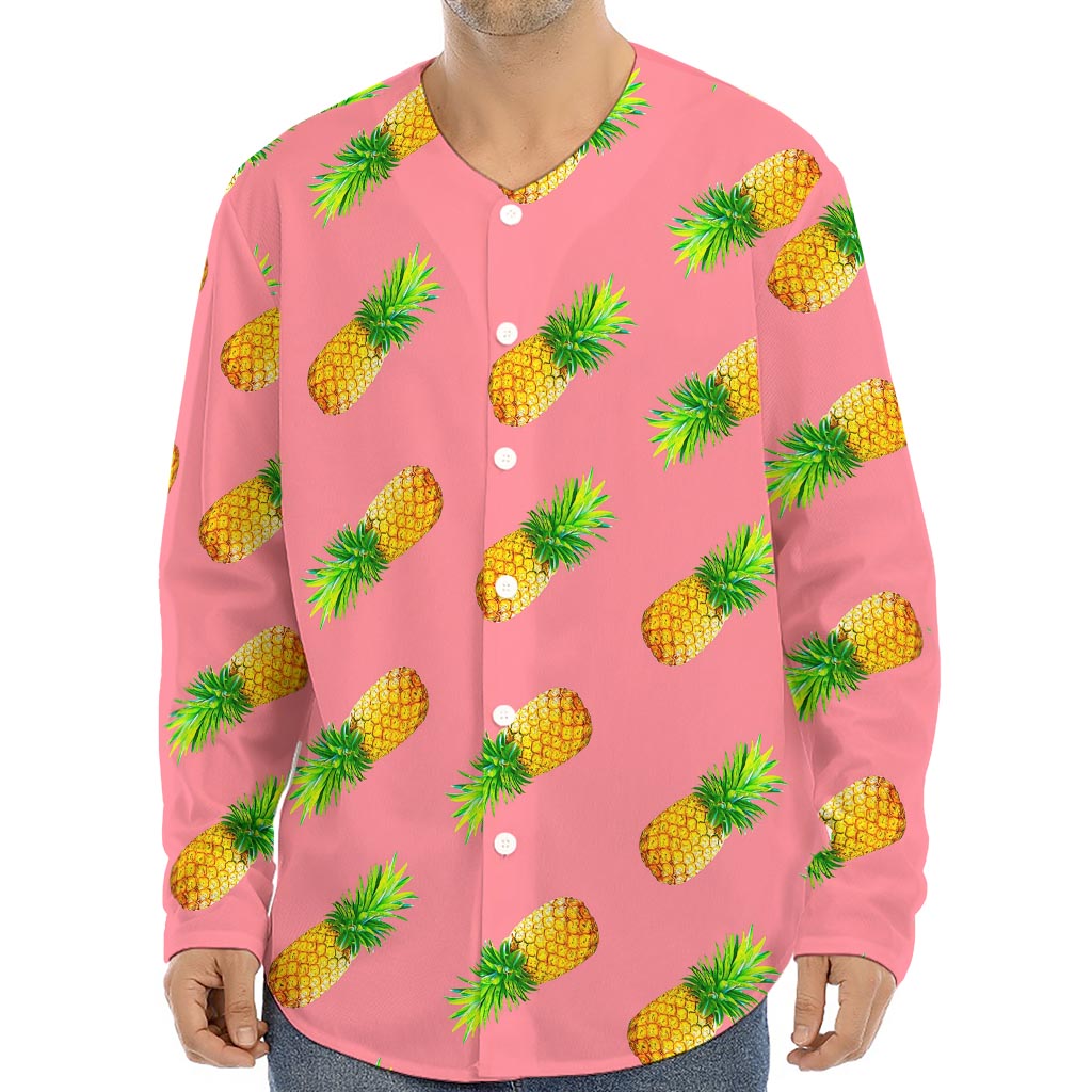 Pink Pineapple Pattern Print Long Sleeve Baseball Jersey