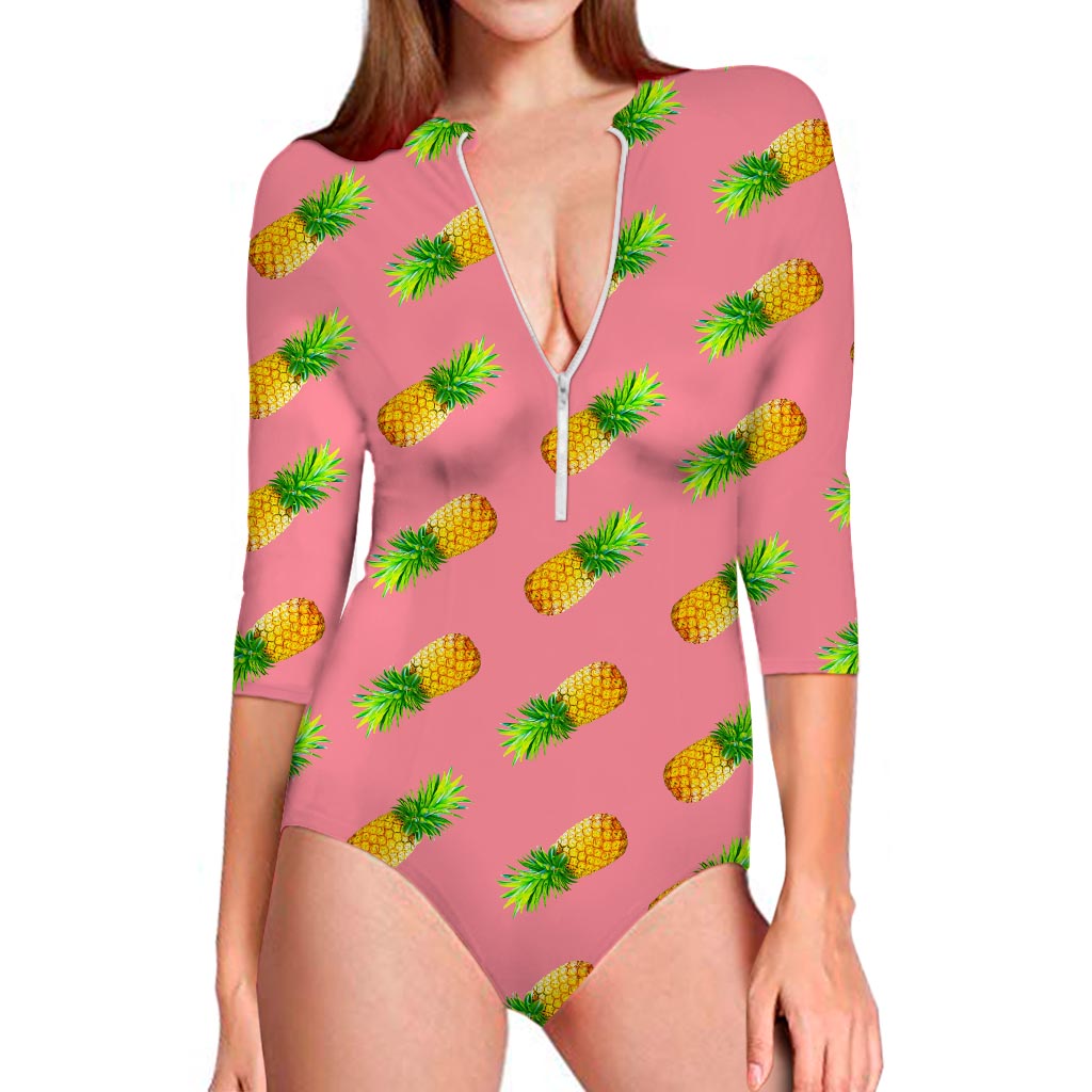 Pink Pineapple Pattern Print Long Sleeve Swimsuit
