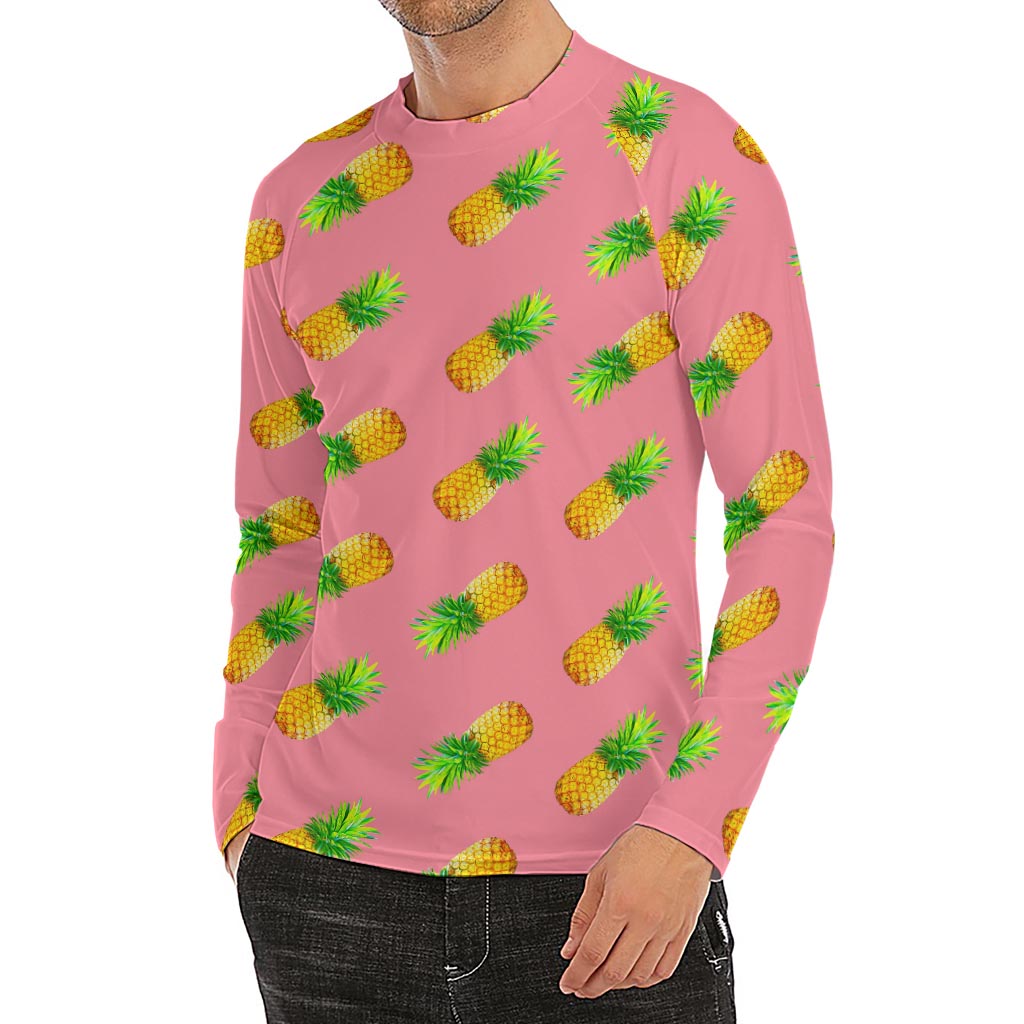 Pink Pineapple Pattern Print Men's Long Sleeve Rash Guard