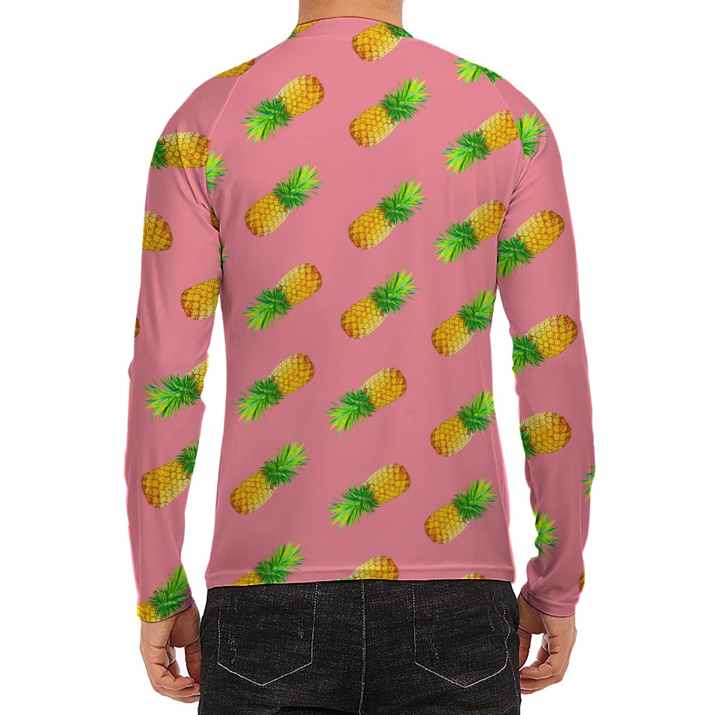 Pink Pineapple Pattern Print Men's Long Sleeve Rash Guard