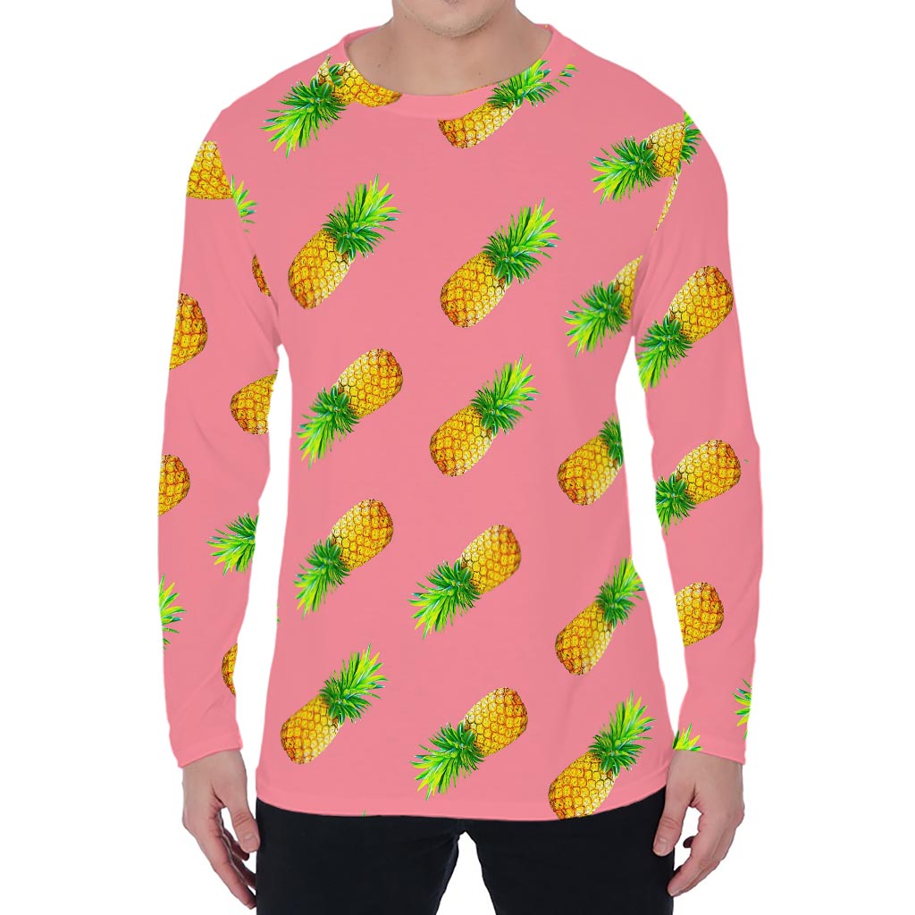 Pink Pineapple Pattern Print Men's Long Sleeve T-Shirt