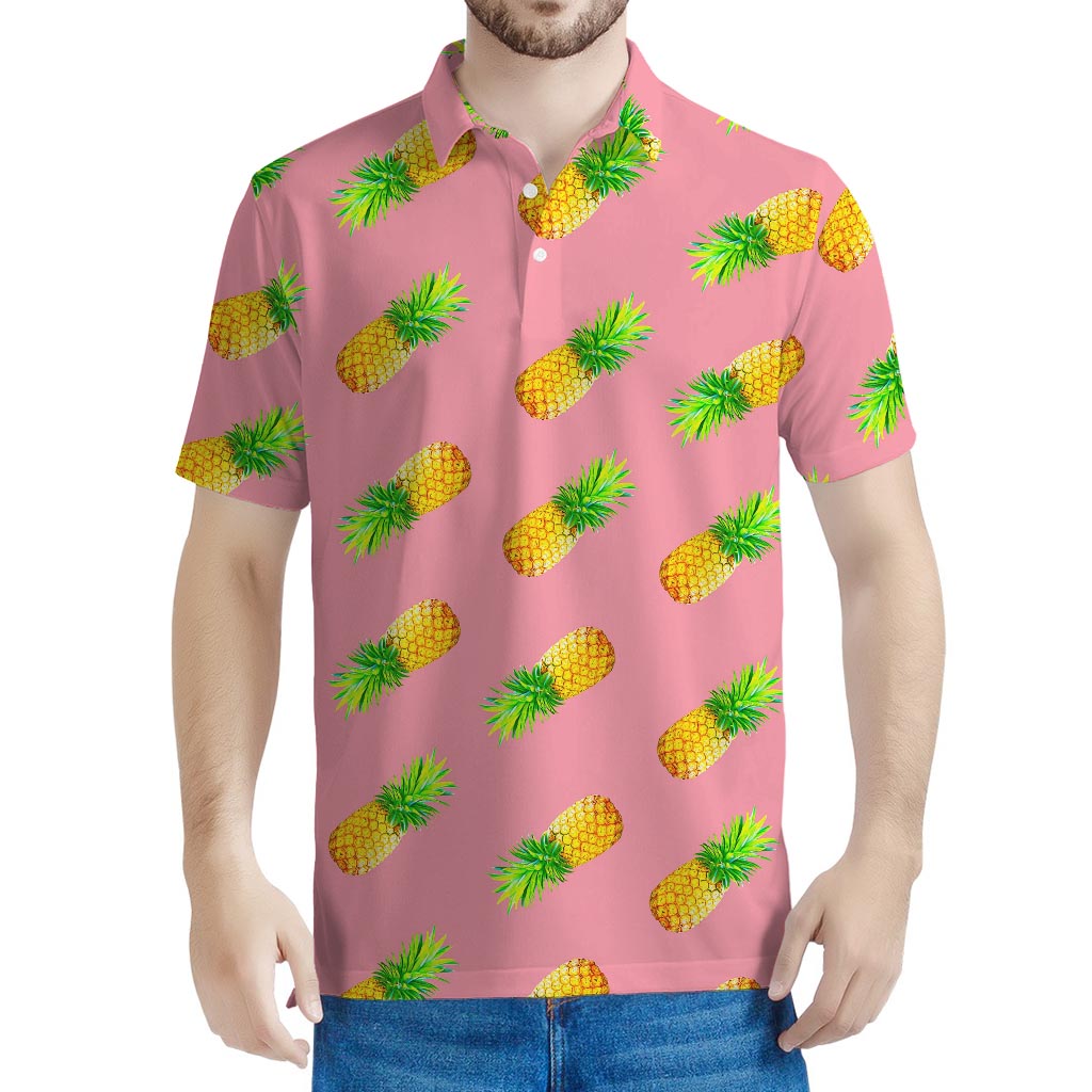 Pink Pineapple Pattern Print Men's Polo Shirt