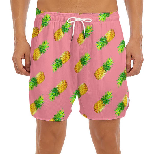 Pink Pineapple Pattern Print Men's Split Running Shorts