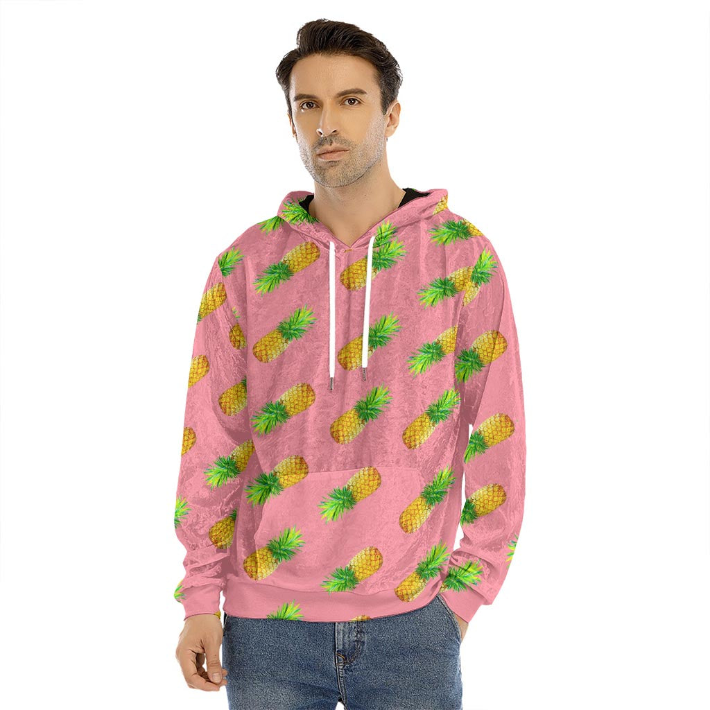 Pink Pineapple Pattern Print Men's Velvet Pullover Hoodie