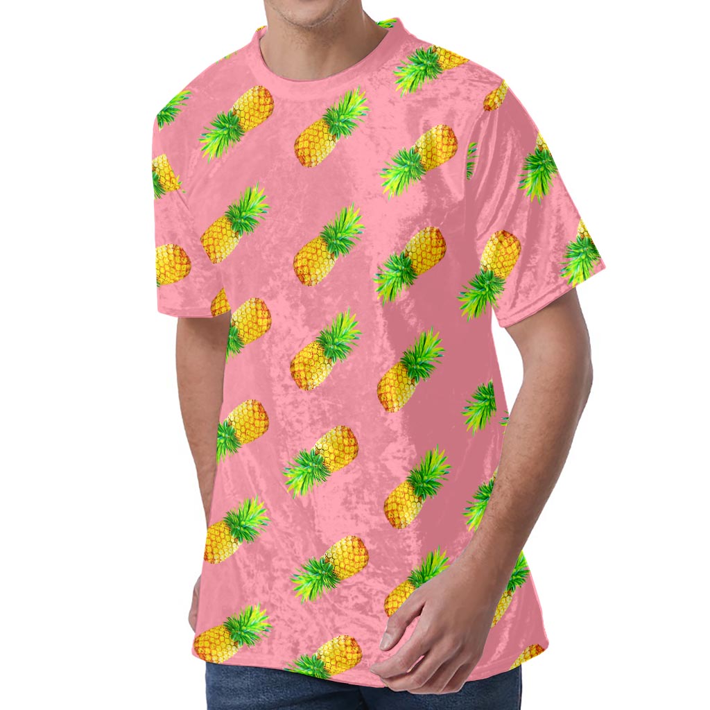 Pink Pineapple Pattern Print Men's Velvet T-Shirt