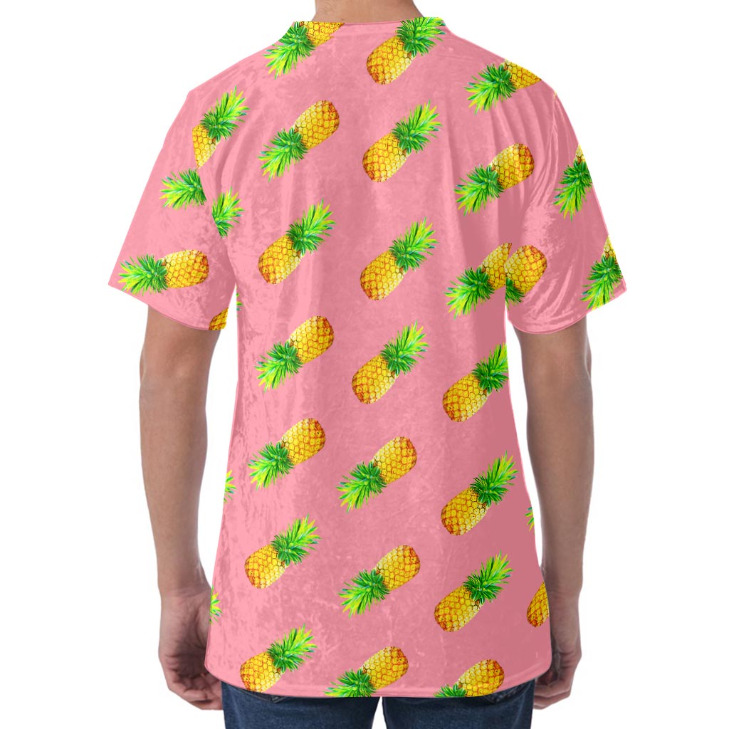 Pink Pineapple Pattern Print Men's Velvet T-Shirt