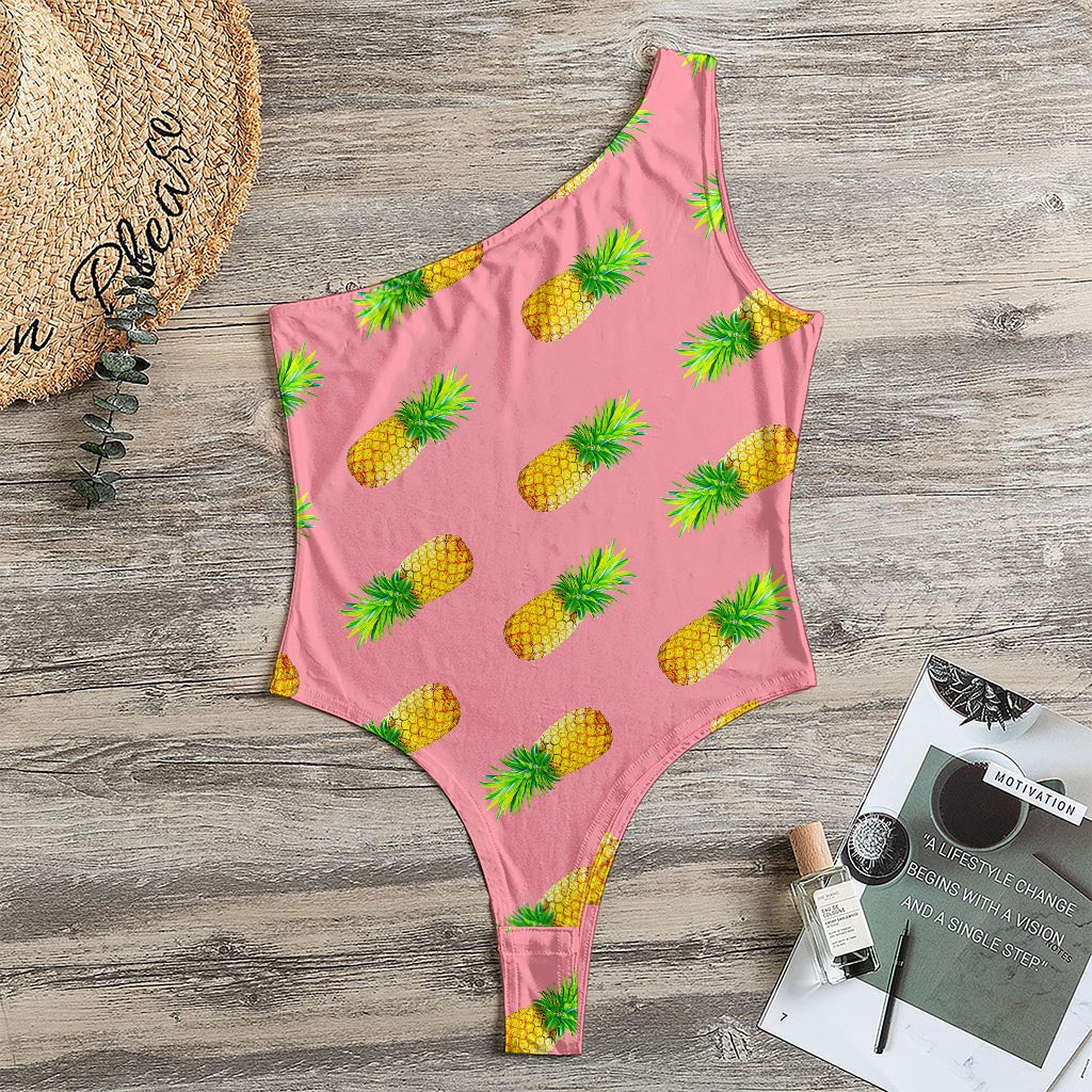 Pink Pineapple Pattern Print One Shoulder Bodysuit