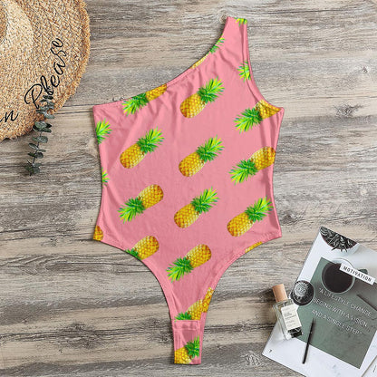 Pink Pineapple Pattern Print One Shoulder Bodysuit