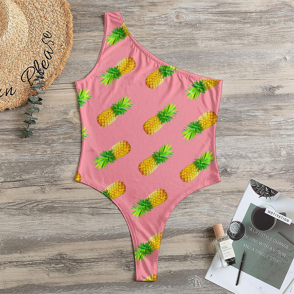 Pink Pineapple Pattern Print One Shoulder Bodysuit