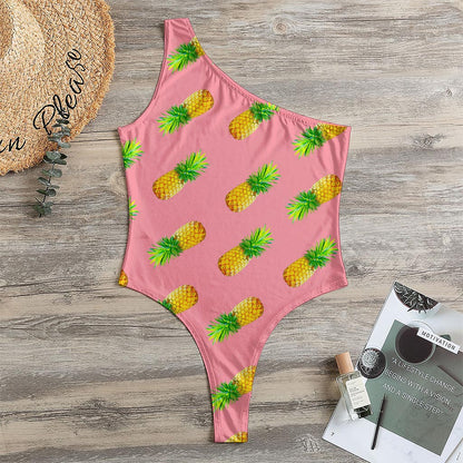 Pink Pineapple Pattern Print One Shoulder Bodysuit