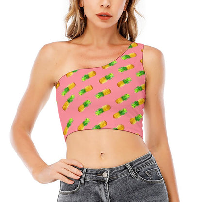 Pink Pineapple Pattern Print One Shoulder Crop Top