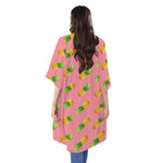 Pink Pineapple Pattern Print Open Front Beach Cover Up