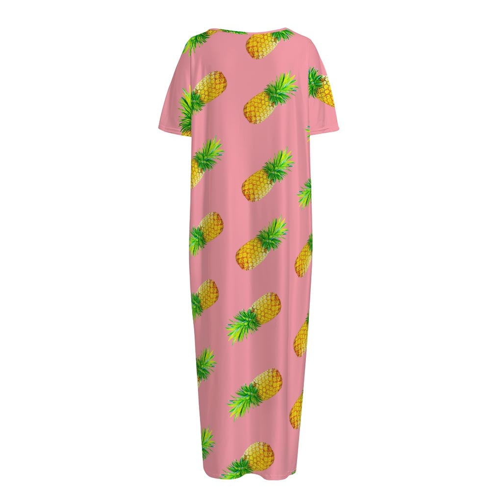 Pink Pineapple Pattern Print Short Sleeve Long Nightdress