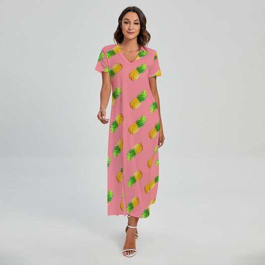 Pink Pineapple Pattern Print Short Sleeve Maxi Dress