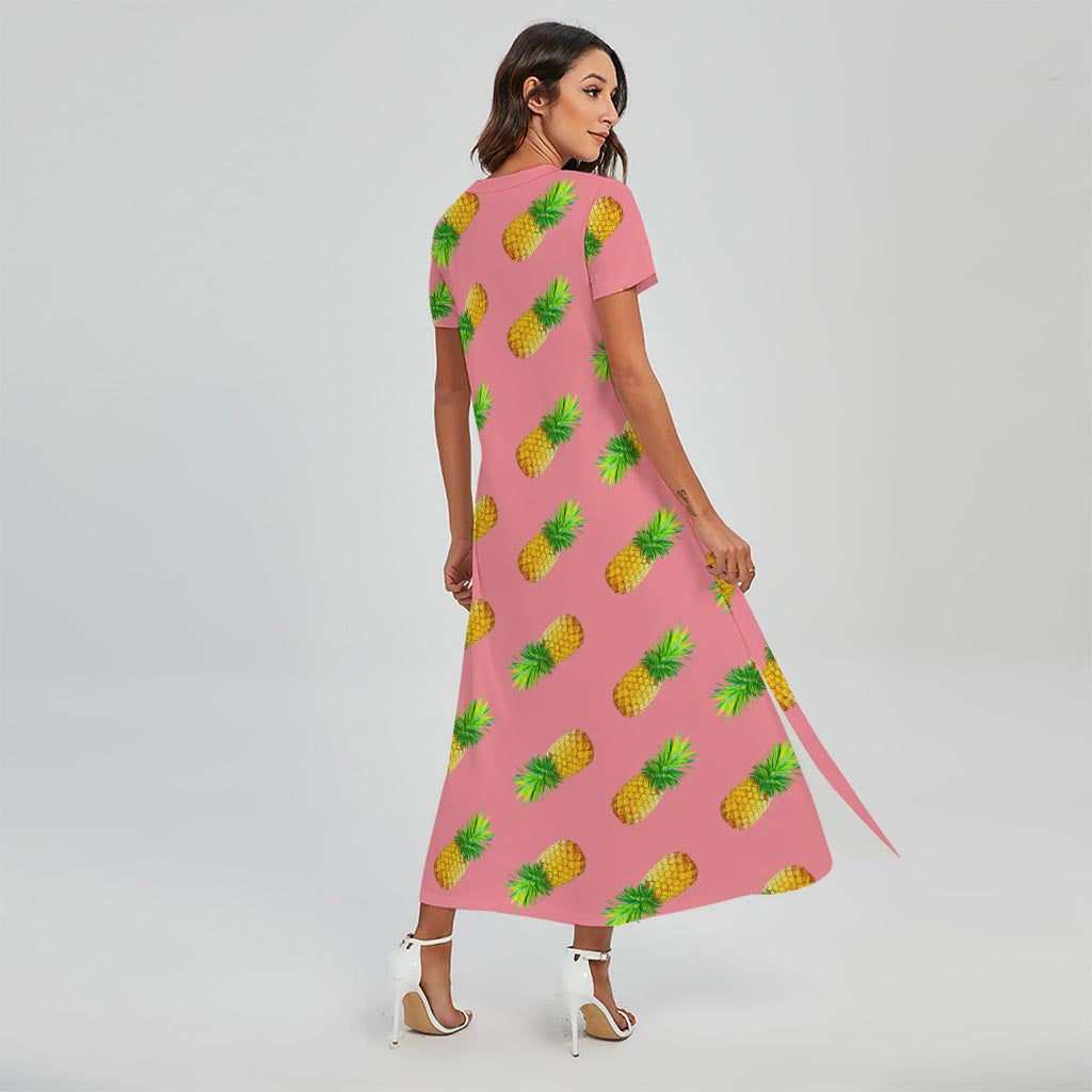 Pink Pineapple Pattern Print Short Sleeve Maxi Dress