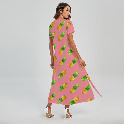 Pink Pineapple Pattern Print Short Sleeve Maxi Dress