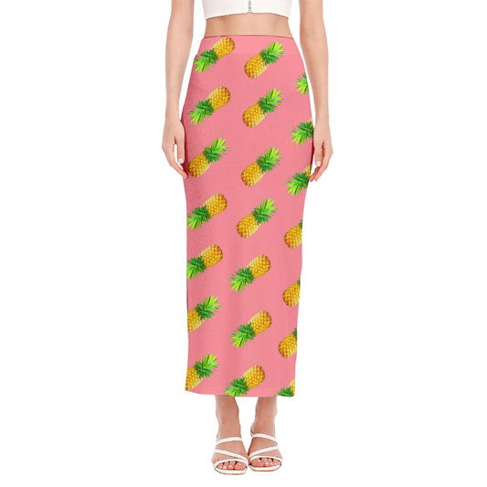 Pink Pineapple Pattern Print Side Slit Maxi Skirt