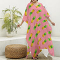 Pink Pineapple Pattern Print Silk V-Neck Kaftan Dress