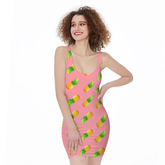 Pink Pineapple Pattern Print Sleeveless Bodycon Dress