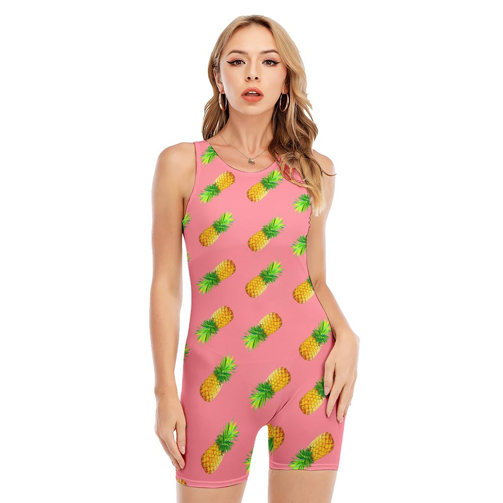 Pink Pineapple Pattern Print Sleeveless One Piece Swimsuit