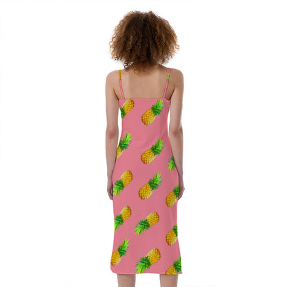 Pink Pineapple Pattern Print Slim Fit Midi Cami Dress
