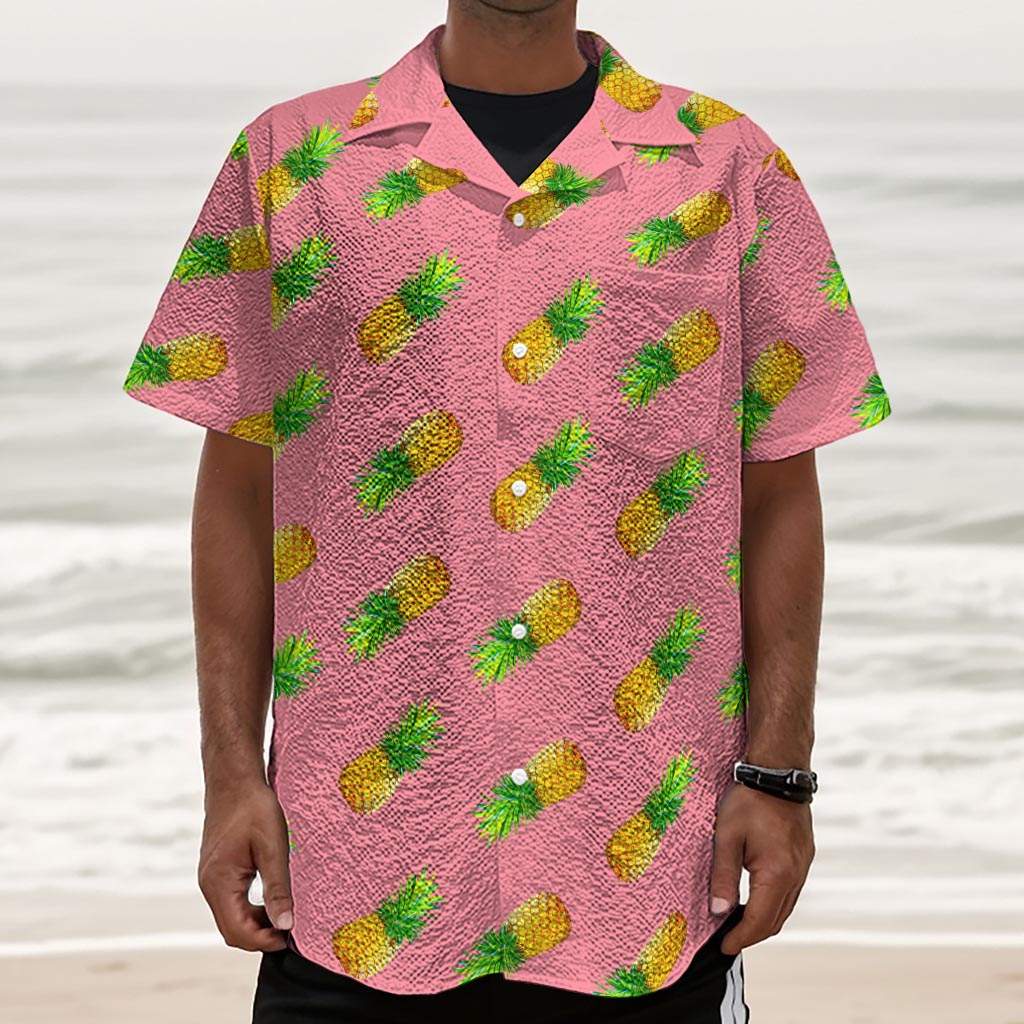 Pink Pineapple Pattern Print Textured Short Sleeve Shirt
