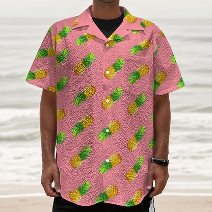 Pink Pineapple Pattern Print Textured Short Sleeve Shirt
